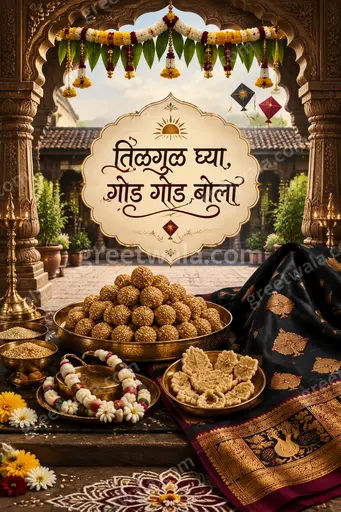 Ornate traditional Makar Sankranti card in warm festive tones displaying तिळगूळ घ्या, गोड गोड बोला elegantly.