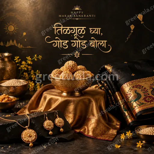 Premium Makar Sankranti card with warm sunrise glow, kites, tilgul, featuring “तिळगूळ घ्या, गोड गोड बोला” in gold.
