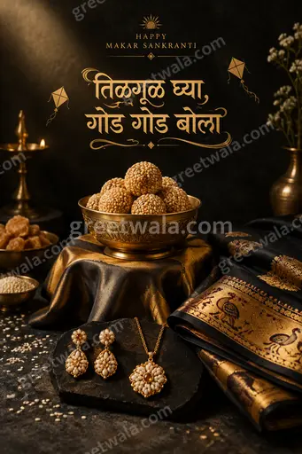 Premium warm Makar Sankranti showcase card featuring 'तिळगूळ घ्या, गोड गोड बोला' with kites, tilgul, and golden festive glow.