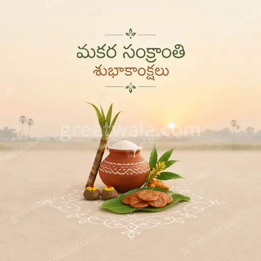 Elegant minimal Makar Sankranti card in Telugu with sunrise kites and harvest accents, evoking warm joyful celebration.