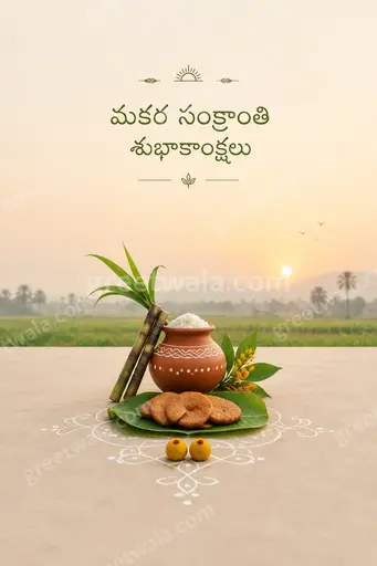 Elegant minimal Telugu Sankranti card displaying 'మకర సంక్రాంతి శుభాకాంక్షలు' with kites, sunrise glow and calm festive elegance.