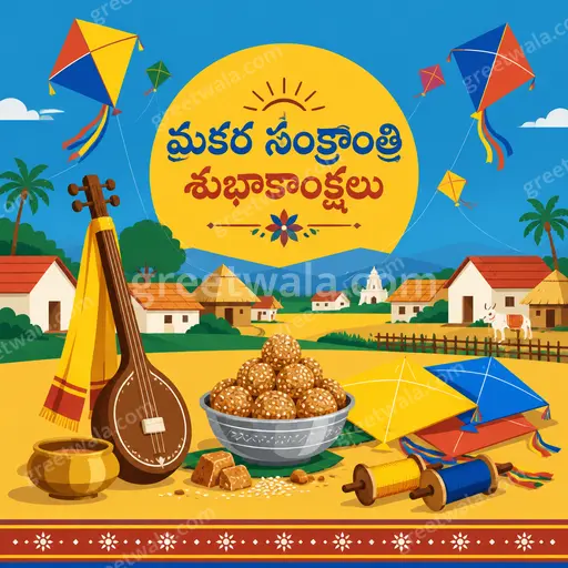 Festive modern flat vector design featuring Telugu greeting with bright kites, sun and joyful harvest celebration mood.