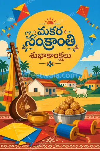 Cheerful modern flat vector Makar Sankranti card with kites, rising sun, harvest fields displaying “మకర సంక్రాంతి శుభాకాంక్షలు”.