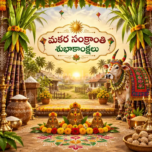 Ornate traditional Makar Sankranti card glowing with festive warmth, kites, harvest motifs, and Telugu greeting in elegant gold lettering.