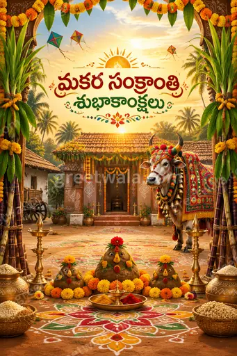 Ornate traditional Makar Sankranti card glowing with festive warmth, featuring Telugu greeting amid kites, harvest motifs and golden decorations.