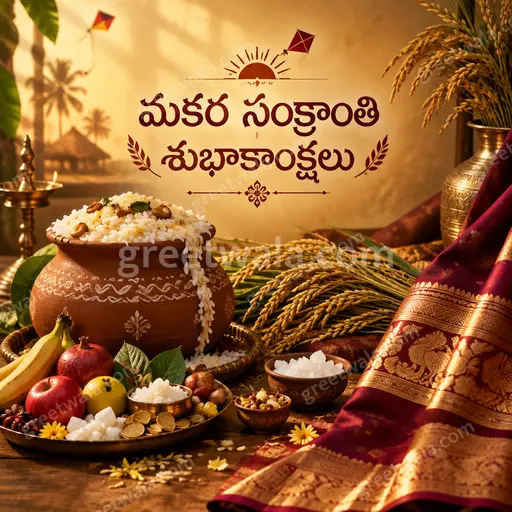 Premium festive Makar Sankranti card glowing with kites, sun and harvest fields in warm joyful Telugu celebration style.