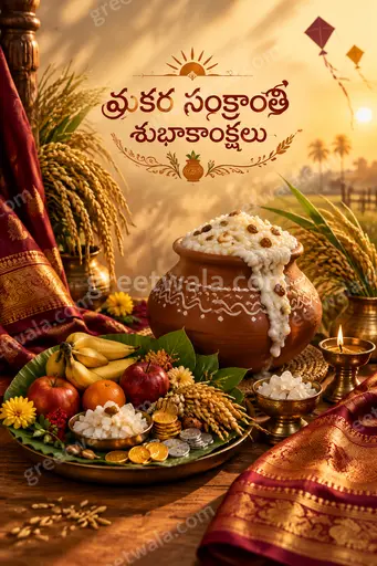 Premium Telugu showcase card featuring festive kites, harvest motifs, and warm golden glow radiating joyful Makar Sankranti celebration spirit.