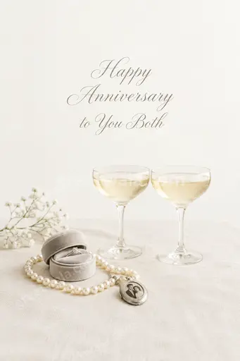 Elegant minimal anniversary card with soft florals, gold accents, warm romantic mood saying Happy Anniversary to You Both.