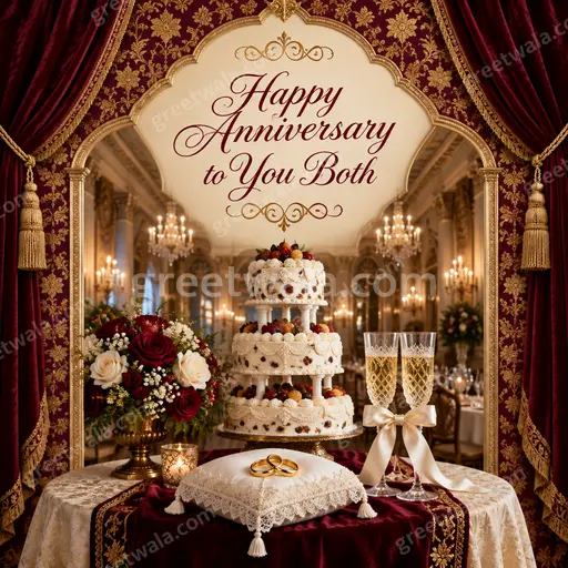 Ornate traditional anniversary card with golden flourishes, warm romantic glow, celebrating couple with elegant Happy Anniversary to You Both greeting.