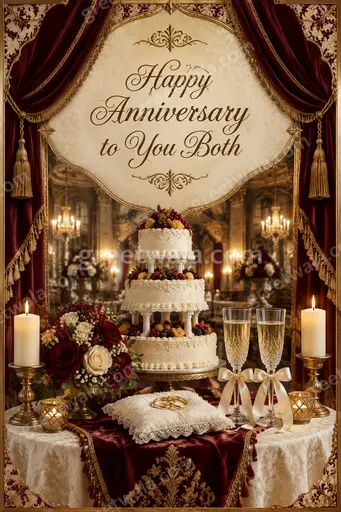 Ornate traditional anniversary card with golden florals and elegant script reading Happy Anniversary to You Both.