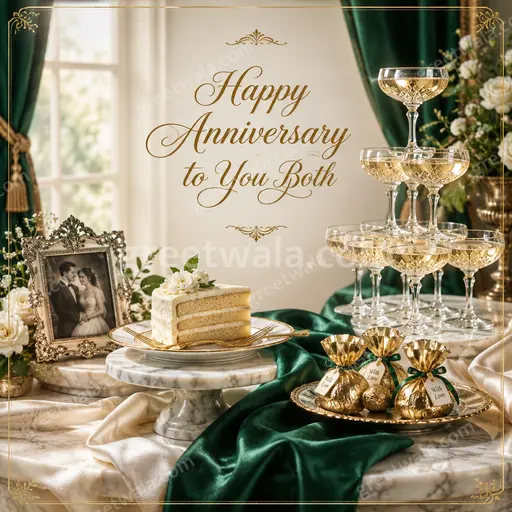 Premium romantic card displaying 'Happy Anniversary to You Both' with elegant gold florals and warm glowing charm.