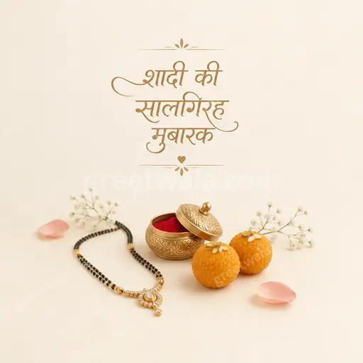 Elegant minimal anniversary card with soft golden florals displaying शादी की सालगिरह मुबारक in graceful warm romantic style.