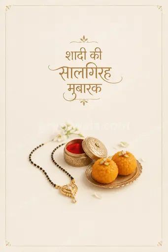Elegant minimal anniversary card displaying शादी की सालगिरह मुबारक with soft florals, gold accents and romantic serene mood.