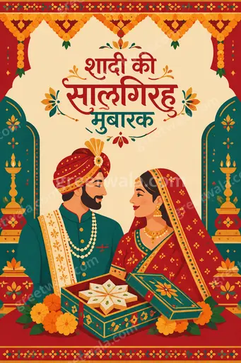 Modern flat vector anniversary card with elegant couple silhouette, warm festive colors, and Hindi greeting शादी की सालगिरह मुबारक.
