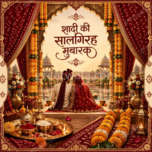 Ornate traditional Hindi anniversary card displaying 'शादी की सालगिरह मुबारक' with golden motifs, warm reds, joyful romantic elegance.