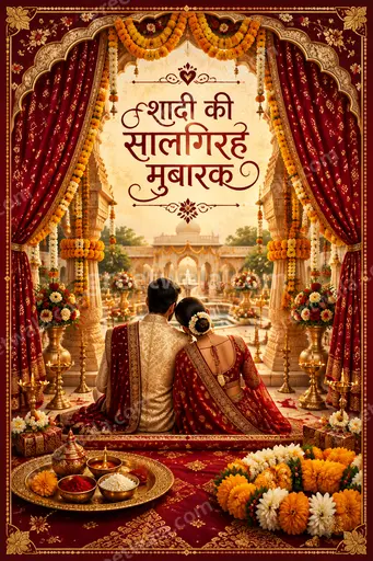 Ornate traditional anniversary card in warm gold and red tones displaying 'शादी की सालगिरह मुबारक' with elegant festive flourishes.