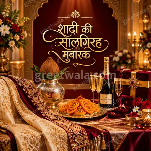 Elegant premium anniversary card with golden floral motifs, warm romantic glow, celebrating शादी की सालगिरह मुबारक joyfully.