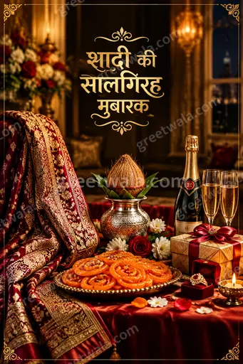 Premium elegant Hindi anniversary card displaying शादी की सालगिरह मुबारक with romantic golden florals and warm celebratory glow.