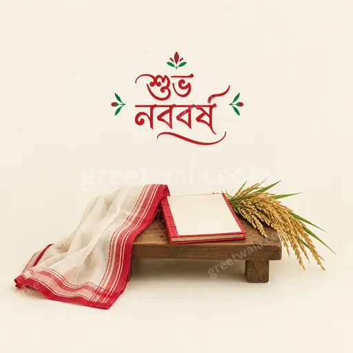 Elegant minimal Bengali New Year card with শুভ নববর্ষ in gold on serene ivory with delicate alpana motifs.