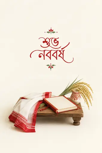 Elegant minimal Bengali New Year card displaying শুভ নববর্ষ with soft alpona motifs, warm festive glow and serene joyful spirit.