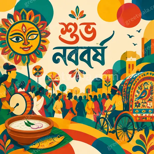 Cheerful modern flat vector Bengali New Year card displaying শুভ নববর্ষ with festive alpana motifs and bright spring colors.