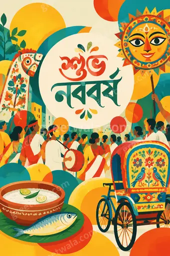 Cheerful modern flat vector Bengali New Year card with festive alpona motifs, mangoes, and joyful শুভ নববর্ষ lettering.