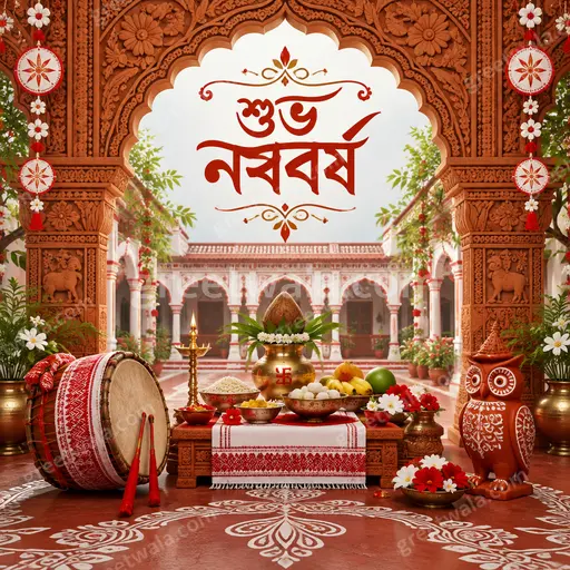 Ornate traditional Bengali New Year card with festive motifs, warm golden hues, joyful elegant mood, displaying শুভ নববর্ষ.