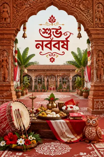 Ornate traditional Bengali card displaying শুভ নববর্ষ with festive alpana motifs in warm auspicious joyful elegance.