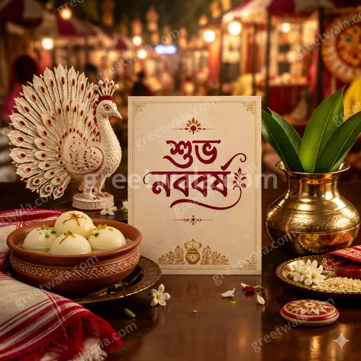 Premium Bengali New Year showcase card featuring শুভ নববর্ষ in elegant script amid festive alpana, flowers and golden glow.