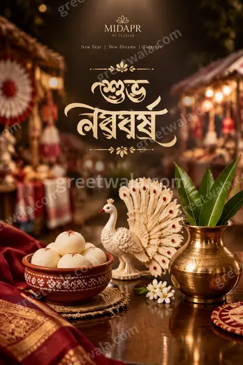 Premium elegant card displaying 'শুভ নববর্ষ' with traditional alpana motifs, mango leaves and joyful festive warmth.