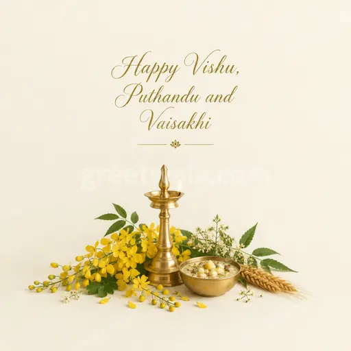 Elegant minimal cream card displaying Happy Vishu, Puthandu and Vaisakhi with golden florals and serene festive calm.