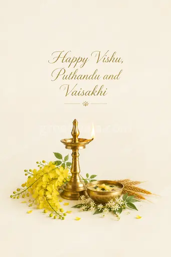 Elegant minimal card with golden diyas and floral accents celebrating Happy Vishu, Puthandu and Vaisakhi joyfully.
