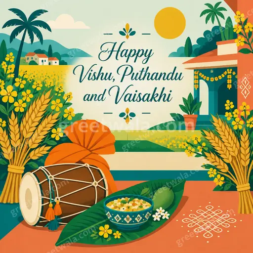 Cheerful flat vector card displaying Happy Vishu, Puthandu and Vaisakhi with festive lamps, harvest motifs and bright spring colors.