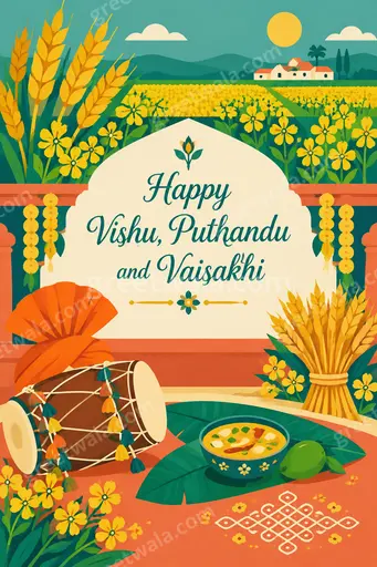Cheerful modern flat vector card displaying Happy Vishu, Puthandu and Vaisakhi with lamps, flowers and golden wheat.