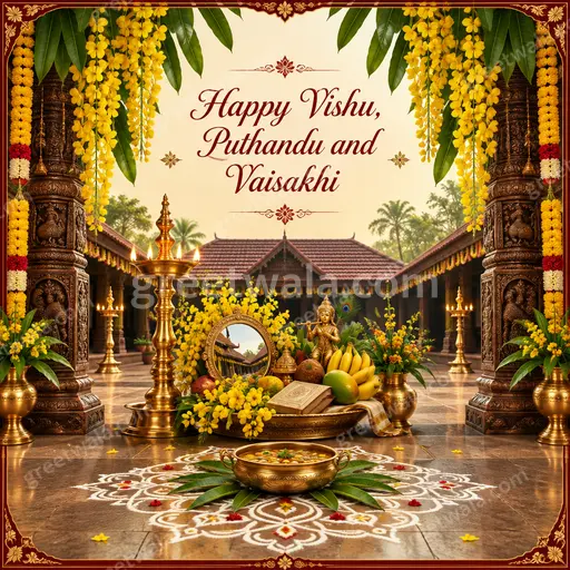 Ornate traditional card reading Happy Vishu, Puthandu and Vaisakhi with diyas, flowers in warm joyful festive style.