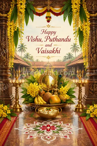 Ornate traditional card displaying 'Happy Vishu, Puthandu and Vaisakhi' with golden lamps, flowers and joyful festive warmth.