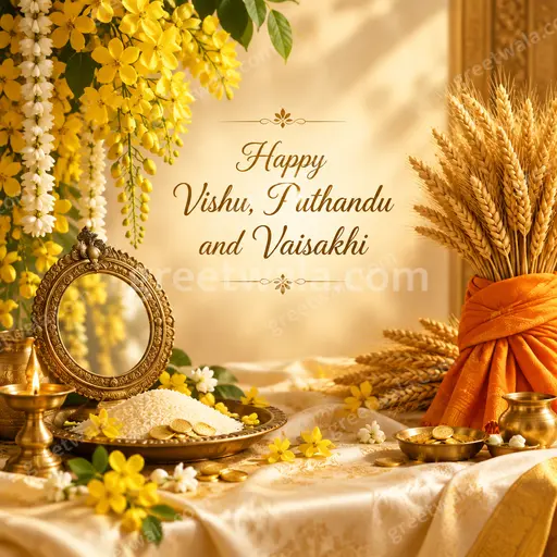 Premium radiant card celebrating Happy Vishu, Puthandu and Vaisakhi with golden harvest motifs, diyas and joyful festive elegance.