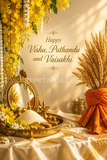 Vibrant premium card radiating festive joy with floral motifs, golden accents, and elegant Happy Vishu, Puthandu and Vaisakhi lettering.
