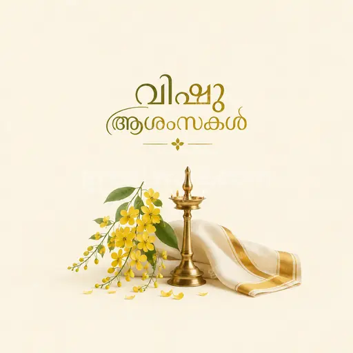 Elegant minimal cream card displaying വിഷു ആശംസകൾ with golden konna blossoms, brass lamp glow, serene festive calm.