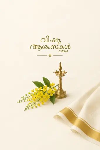 Elegant minimal card featuring 'വിഷു ആശംസകൾ' with golden konna blooms, glowing lamp, serene cream tones evoking festive warmth.
