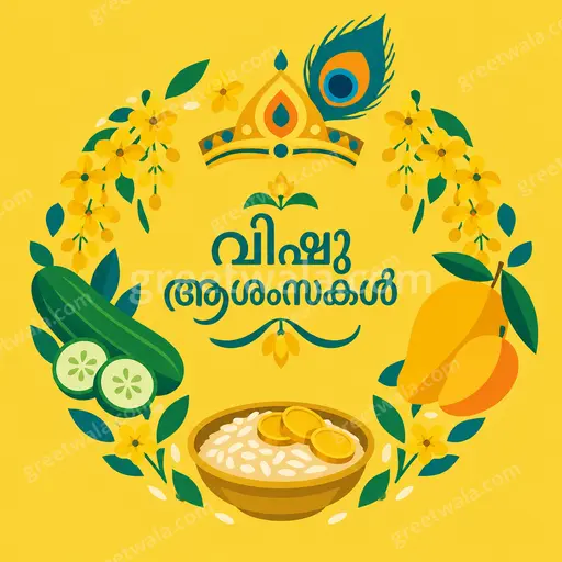 Cheerful modern flat vector Vishu card featuring konna blossoms, brass lamp, and 'വിഷു ആശംസകൾ' in elegant festive lettering.