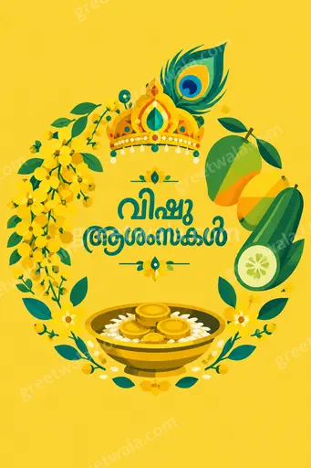 Joyful flat vector Vishu card displaying വിഷു ആശംസകൾ with golden konna blooms, lamp and festive Kerala warmth.