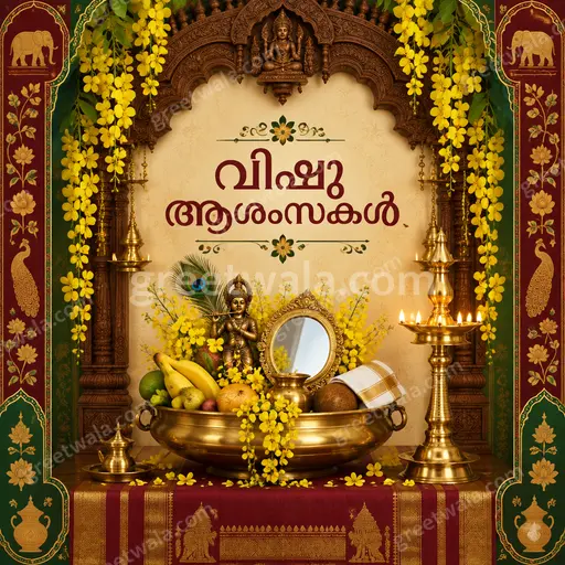 Ornate traditional Vishu card glowing with golden lamps, flowers, and festive abundance wishing വിഷു ആശംസകൾ warmly.