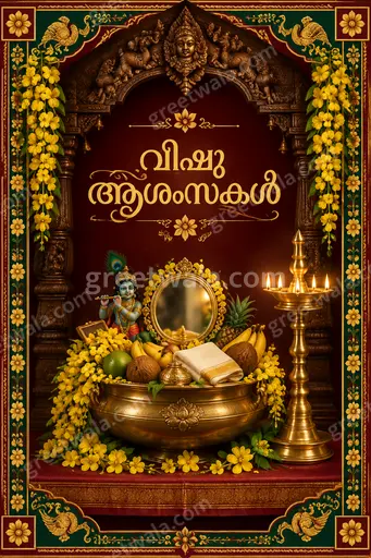 Ornate traditional Vishu card displaying 'വിഷു ആശംസകൾ' with golden lamps, flowers, and joyful auspicious mood.