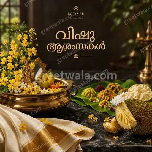 Premium Vishu greeting card with golden konna blossoms, glowing nilavilakku lamp, and joyful Malayalam wishes in festive elegance.