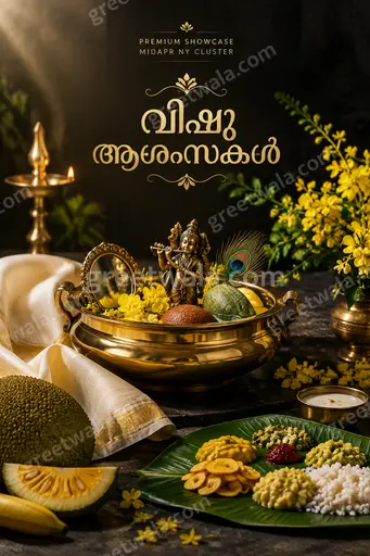 Luxurious Vishu kani display with golden laburnum, glowing brass nilavilakku, rich warm tones conveying festive prosperity and joy.
