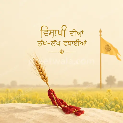 Elegant minimal Vaisakhi card glowing with golden wheat, soft dawn light, serene joyful Punjabi festive spirit.
