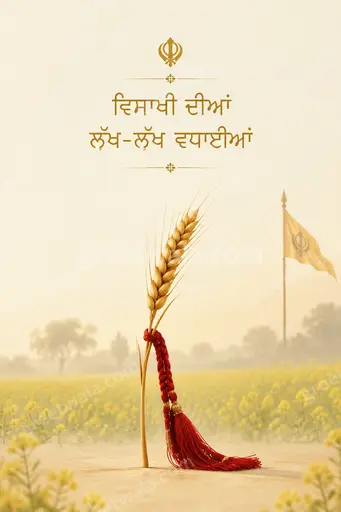 Elegant minimal Vaisakhi card with golden wheat fields, soft sunrise glow, and serene festive warmth.