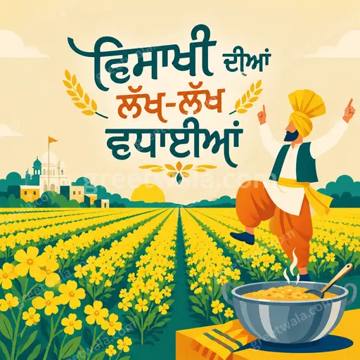 Joyful flat vector Vaisakhi card displaying 'ਵਿਸਾਖੀ ਦੀਆਂ ਲੱਖ-ਲੱਖ ਵਧਾਈਆਂ' amid golden wheat, dhol, and bhangra dancers.