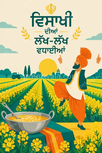 Cheerful modern flat vector Vaisakhi card with golden wheat fields, dhol dancers, and vibrant festive Punjabi mood.